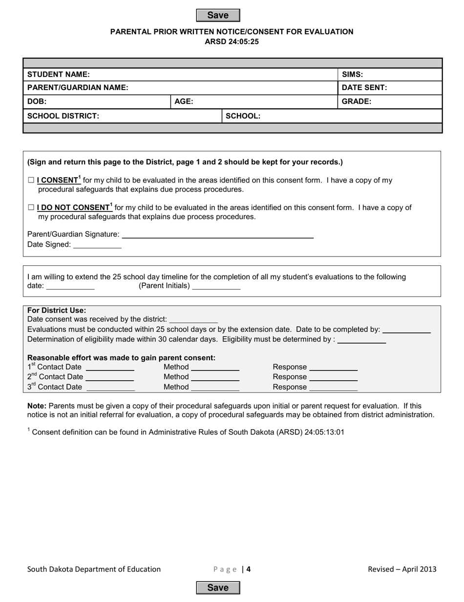 Parental Prior Written Notice / Consent for Evaluation - South Dakota, Page 4