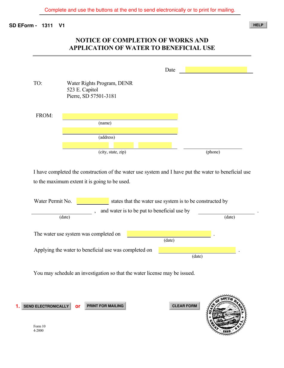 Form 10 (SD Form 1311) Notice of Completion of Works and Application of Water to Beneficial Use - South Dakota, Page 1
