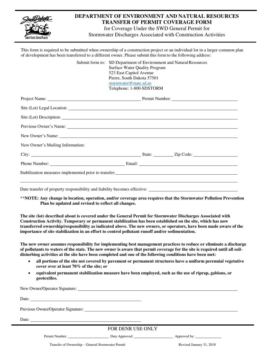 South Dakota Transfer of Permit Coverage Associated With Construction