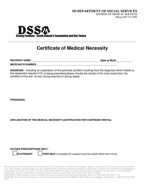 Certificate of Medical Necessity - South Dakota Download Pdf