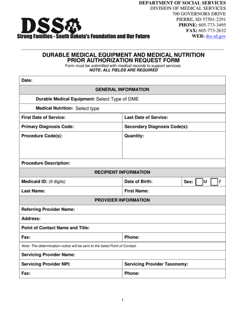 Durable Medical Equipment and Medical Nutrition Prior Authorization Request Form - South Dakota Download Pdf