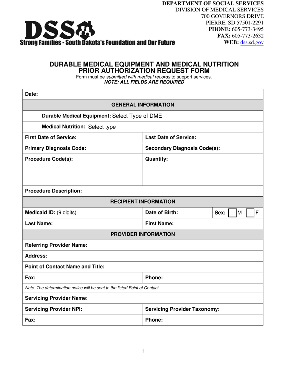 Durable Medical Equipment and Medical Nutrition Prior Authorization Request Form - South Dakota, Page 1