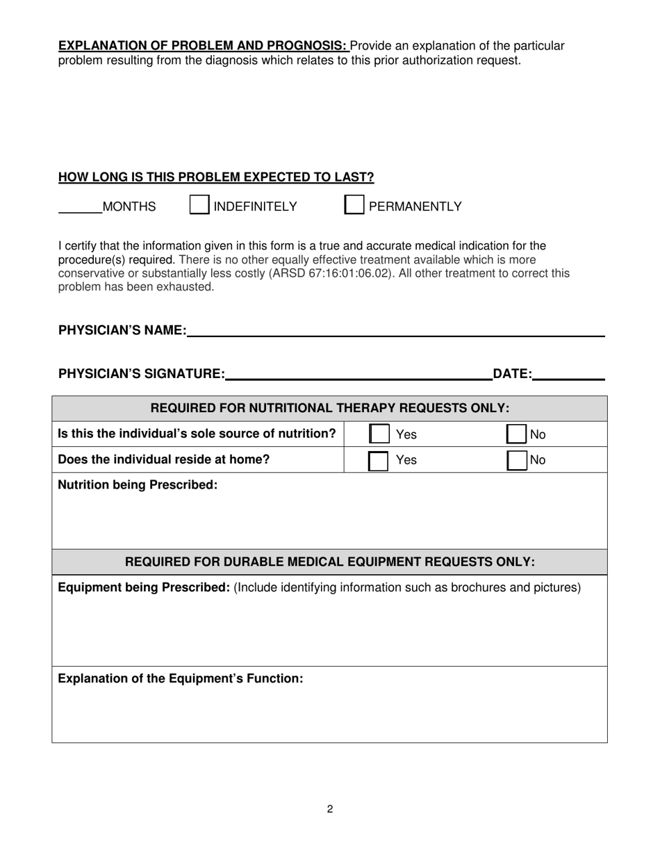 Durable Medical Equipment and Medical Nutrition Prior Authorization Request Form - South Dakota, Page 2
