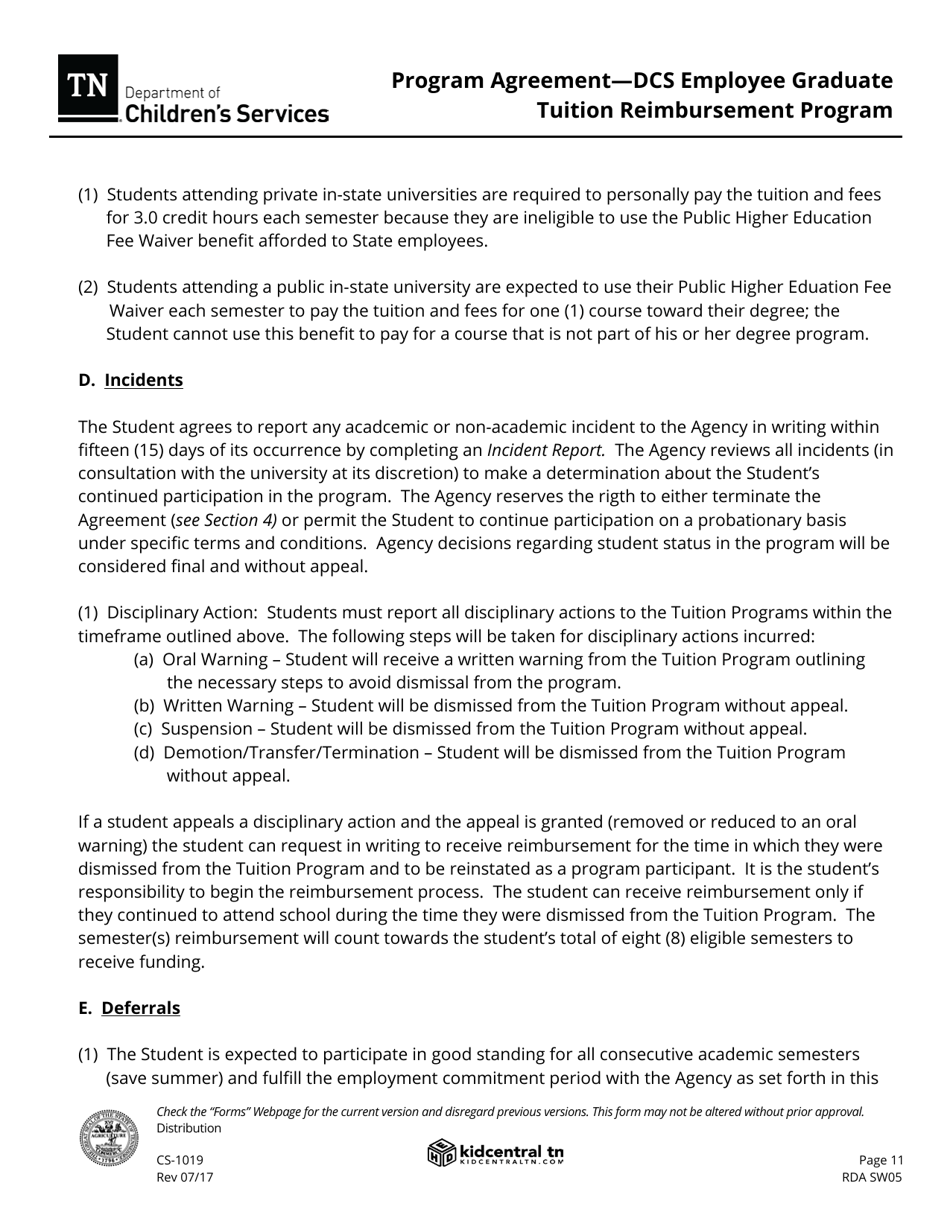Form CS-1019 Program Agreement - Dcs Employee Graduate Tuition Reimbursement Program - Tennessee, Page 11