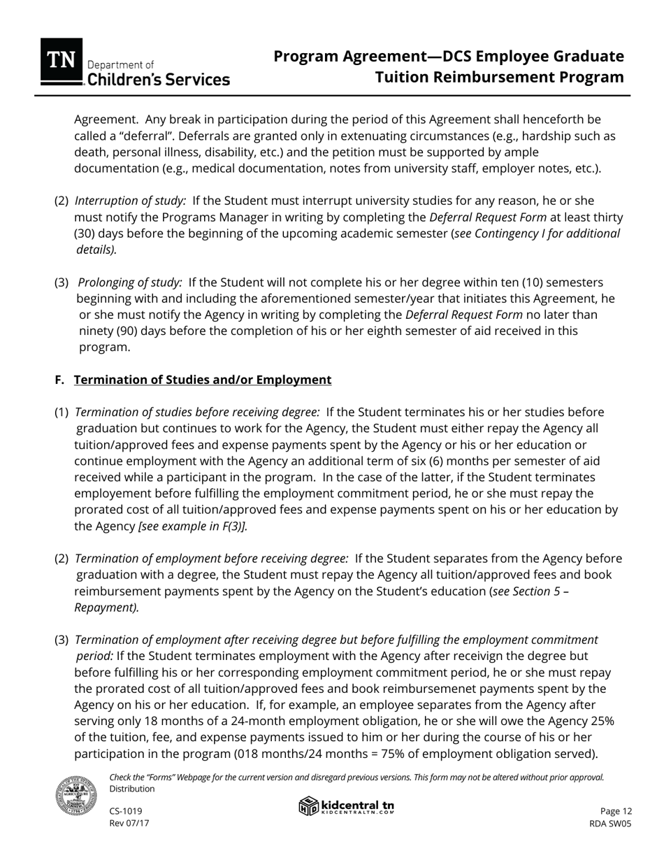 Form CS-1019 Program Agreement - Dcs Employee Graduate Tuition Reimbursement Program - Tennessee, Page 12