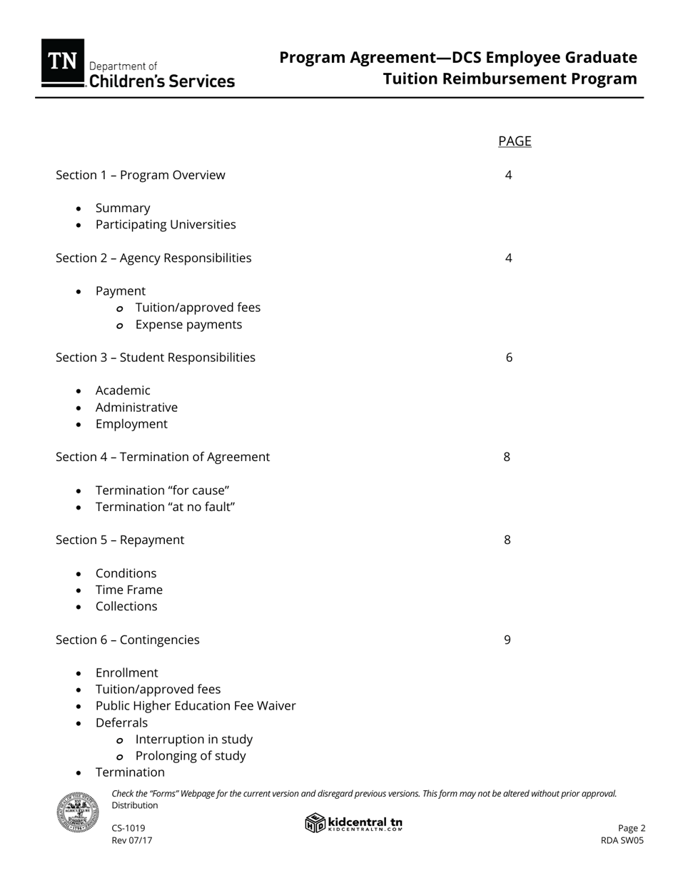 Form CS-1019 Program Agreement - Dcs Employee Graduate Tuition Reimbursement Program - Tennessee, Page 2