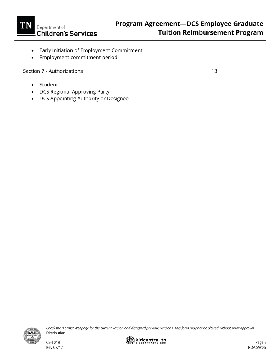 Form CS-1019 Program Agreement - Dcs Employee Graduate Tuition Reimbursement Program - Tennessee, Page 3