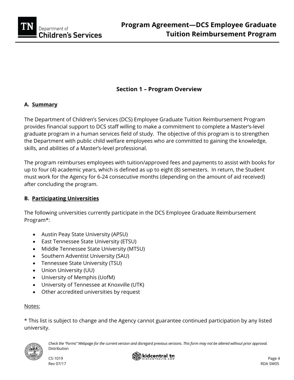 Form CS-1019 Program Agreement - Dcs Employee Graduate Tuition Reimbursement Program - Tennessee, Page 4