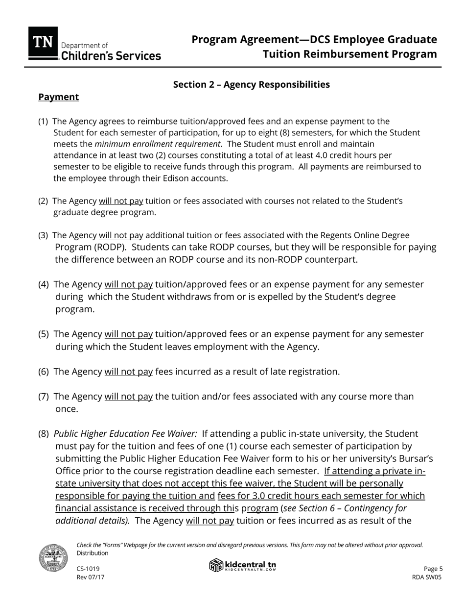 Form CS-1019 Program Agreement - Dcs Employee Graduate Tuition Reimbursement Program - Tennessee, Page 5