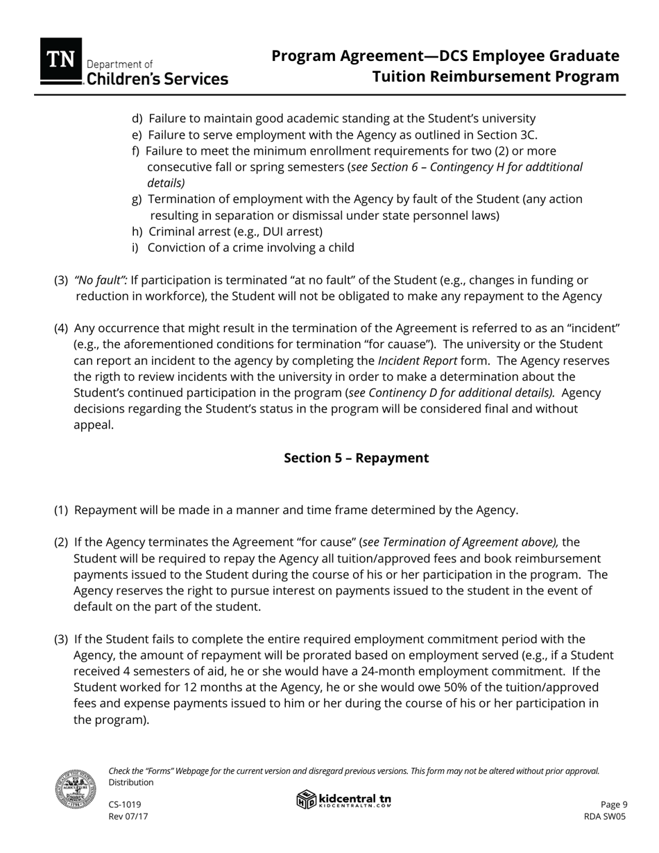 Form CS-1019 Program Agreement - Dcs Employee Graduate Tuition Reimbursement Program - Tennessee, Page 9