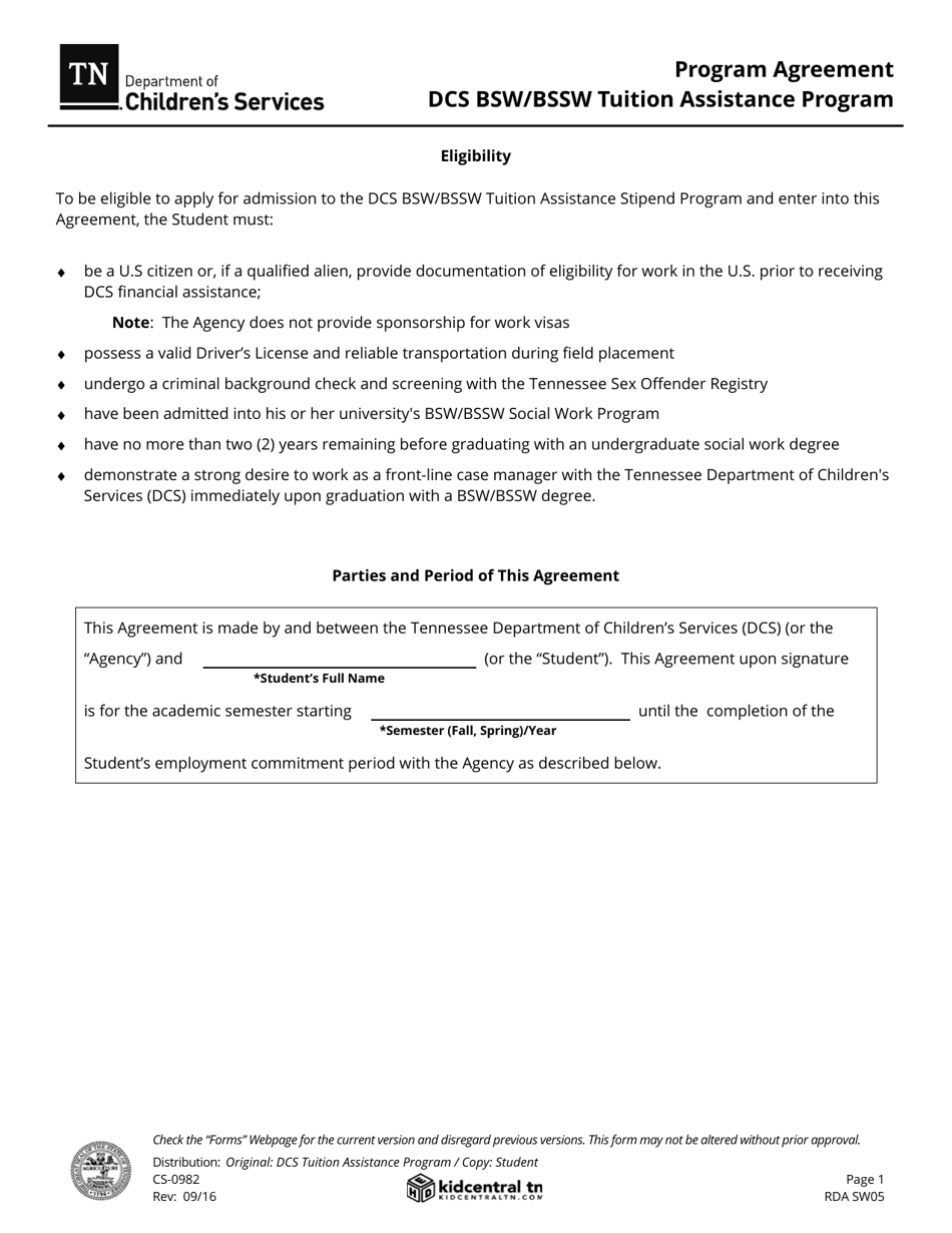 Form CS-0982 Program Agreement - Bsw-Bssw Tuition Assistance Program - Tennessee, Page 1