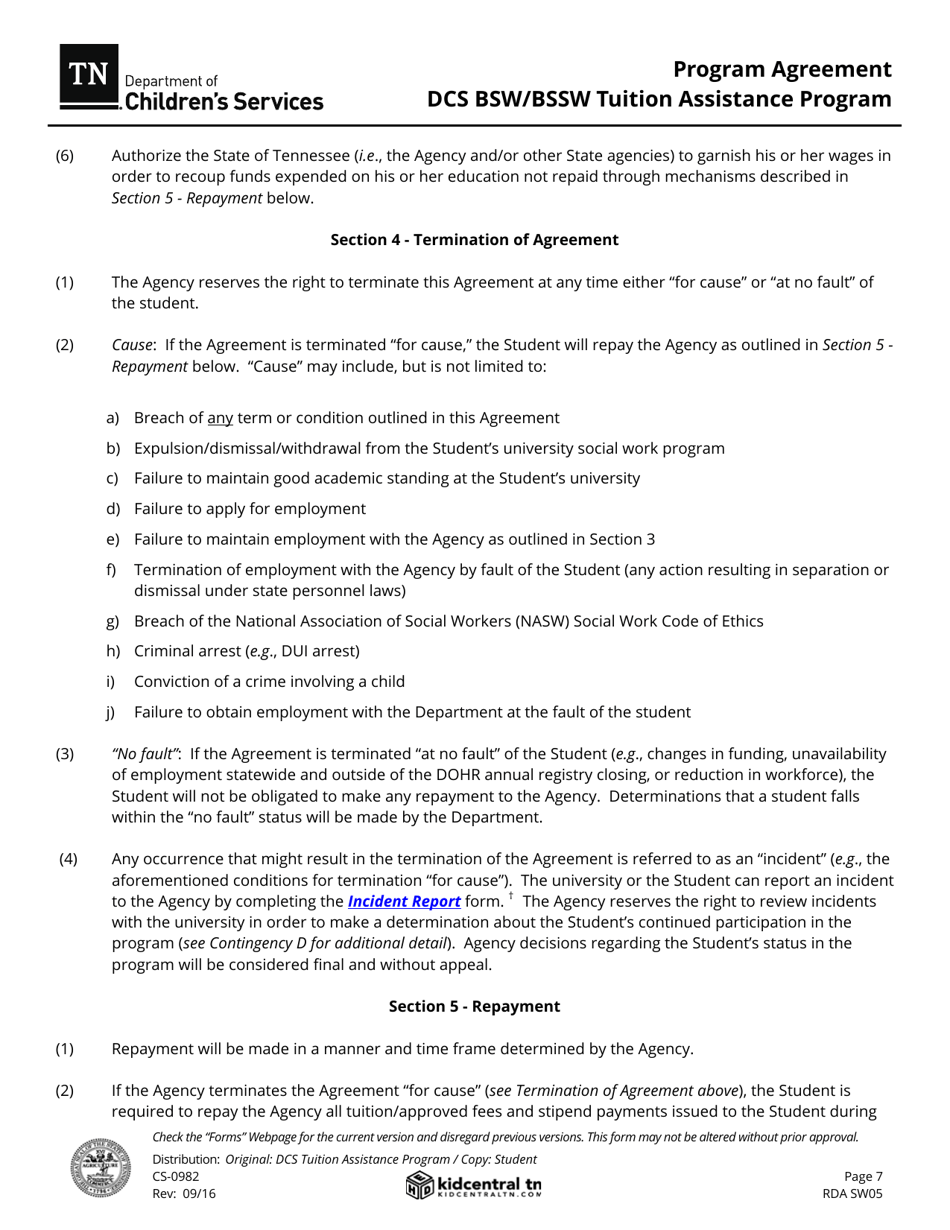 Form CS-0982 Program Agreement - Bsw-Bssw Tuition Assistance Program - Tennessee, Page 7