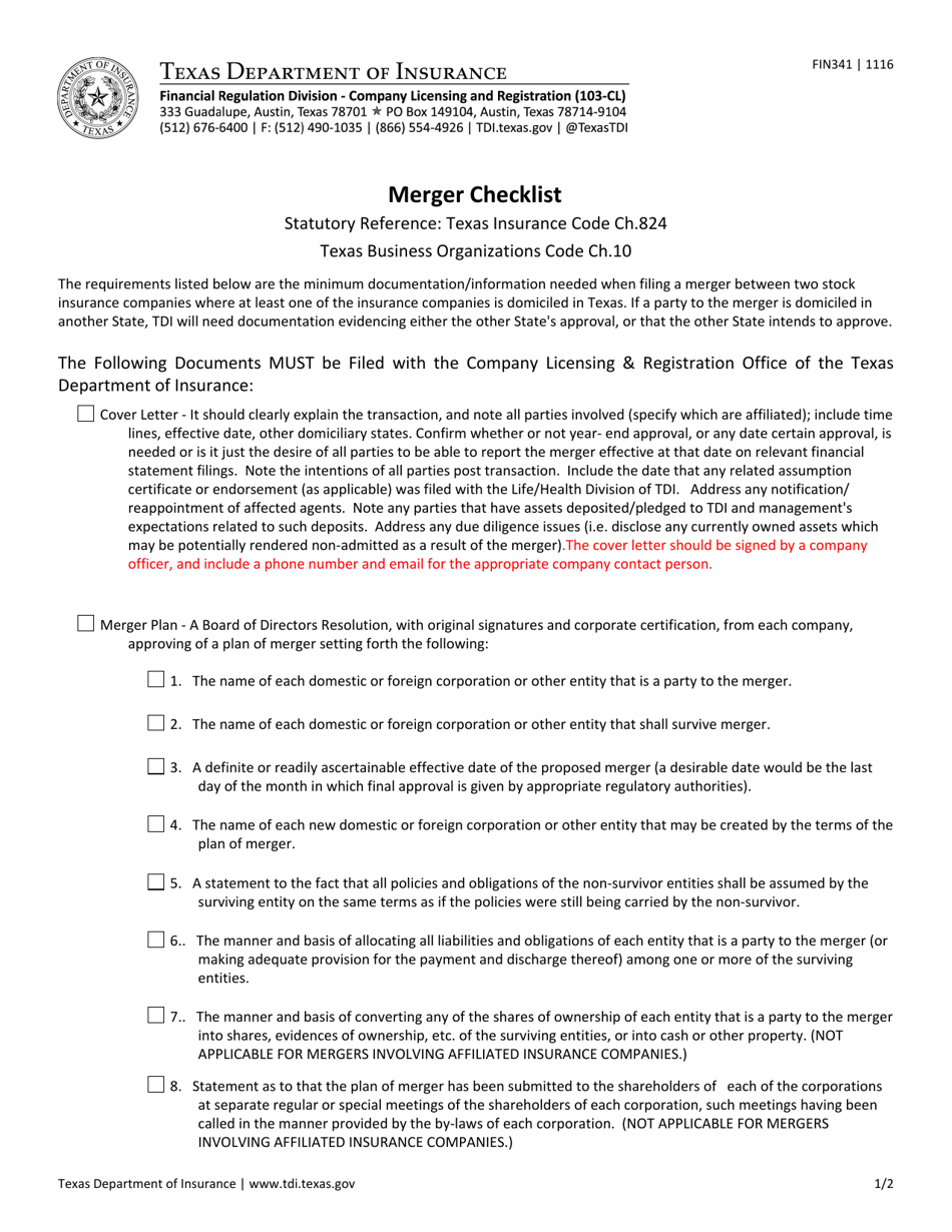 Form Fin341 Download Fillable Pdf Or Fill Online Merger Checklist Texas Templateroller 6582