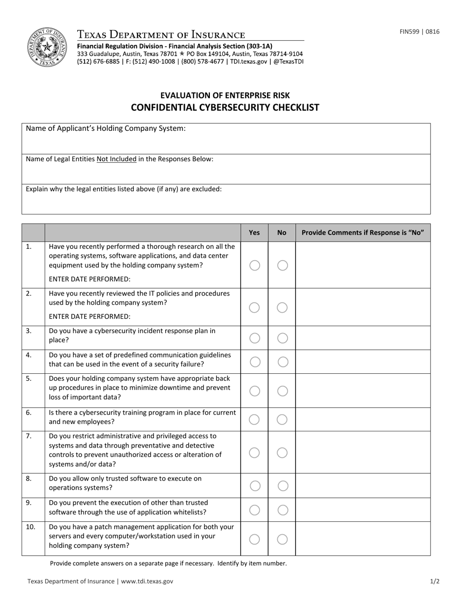 Form FIN599 Confidential Cybersecurity Checklist - Texas, Page 1