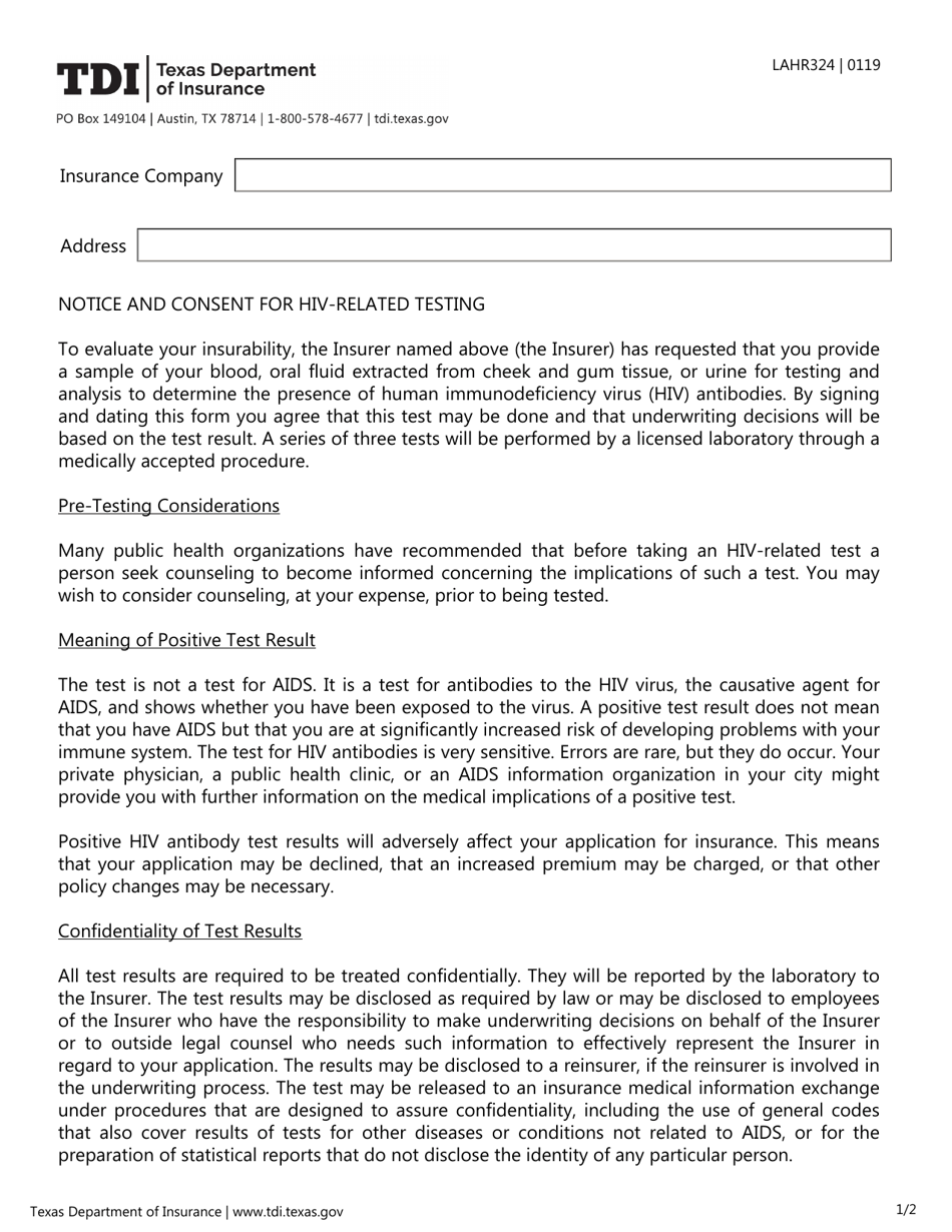 Form LAHR324 Notice and Consent for HIV-Related Testing - Texas, Page 1