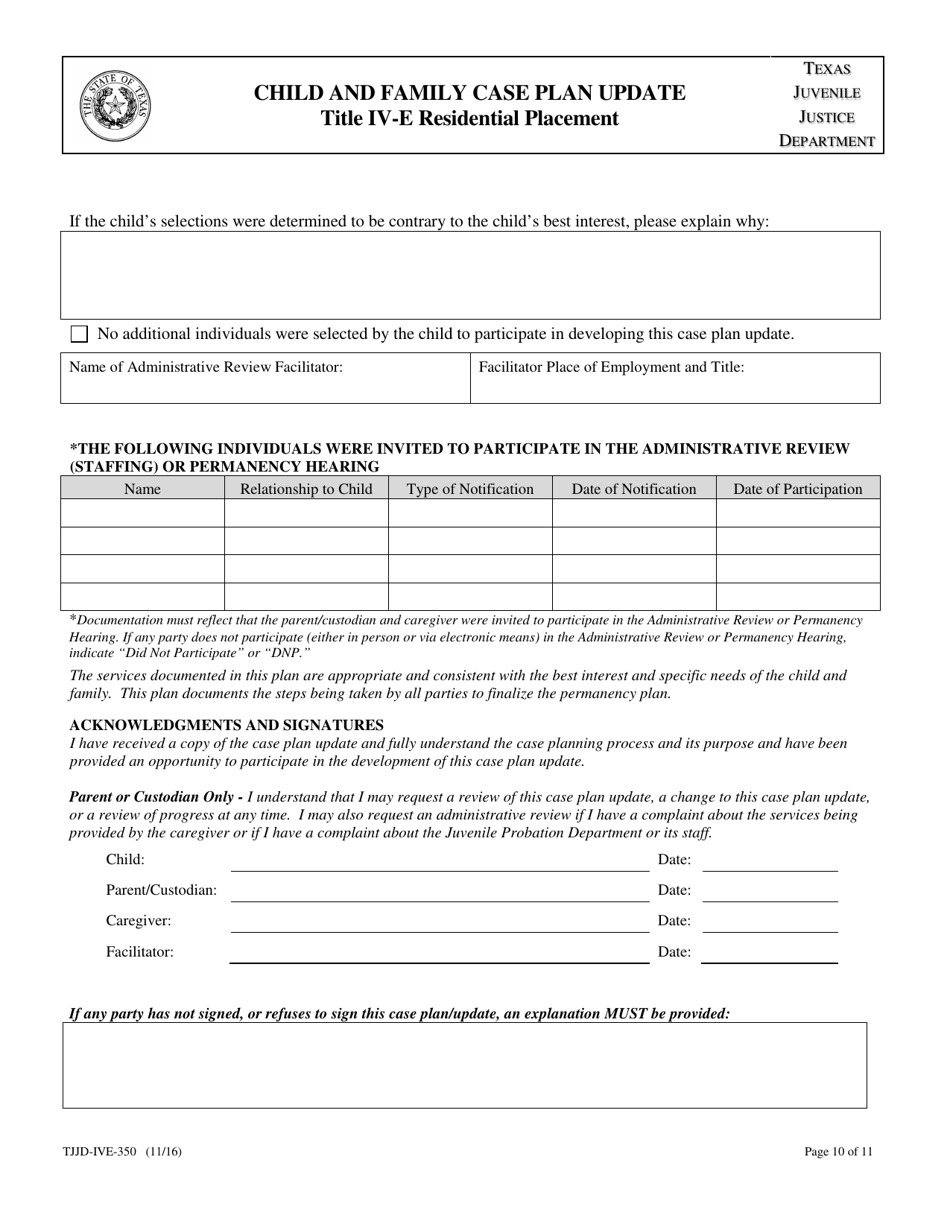 Form TJJD-IVE-350 Child and Family Case Plan Update (Title IV-E Residential Placement) - Texas, Page 10