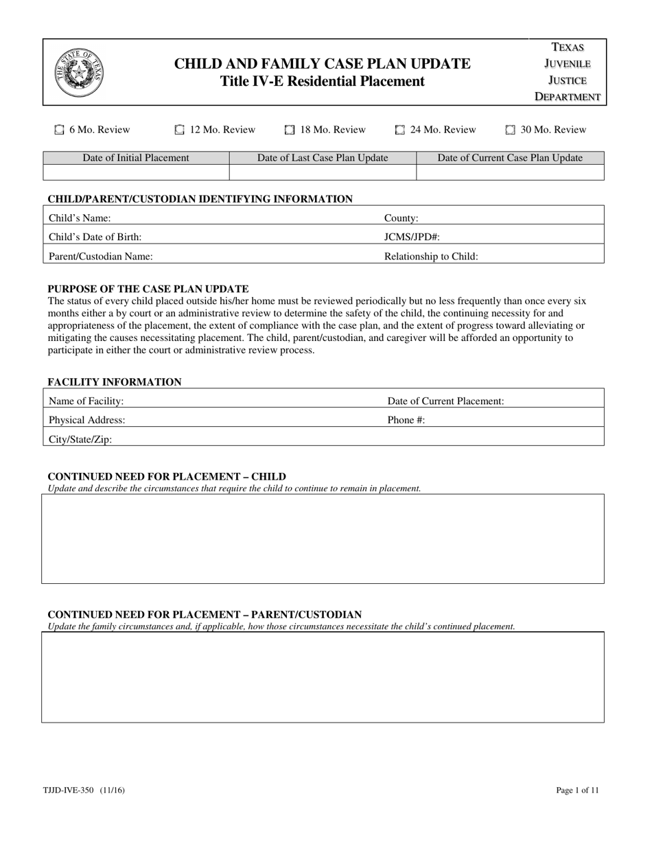 Form TJJD-IVE-350 Child and Family Case Plan Update (Title IV-E Residential Placement) - Texas, Page 1