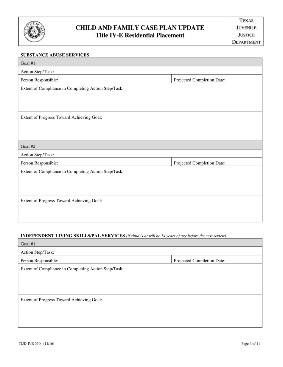 Form TJJD-IVE-350 Child and Family Case Plan Update (Title IV-E Residential Placement) - Texas, Page 6