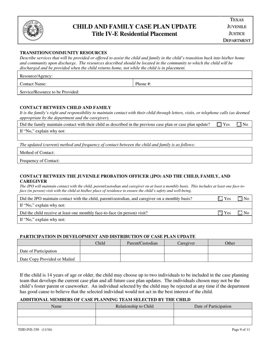 Form TJJD-IVE-350 Child and Family Case Plan Update (Title IV-E Residential Placement) - Texas, Page 9