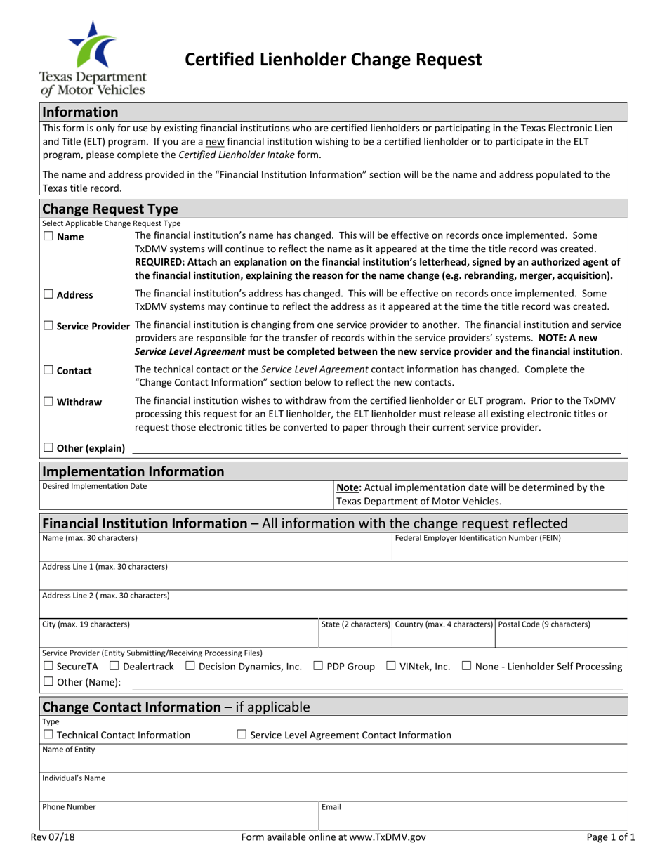 Certified Lienholder Change Request - Texas, Page 1
