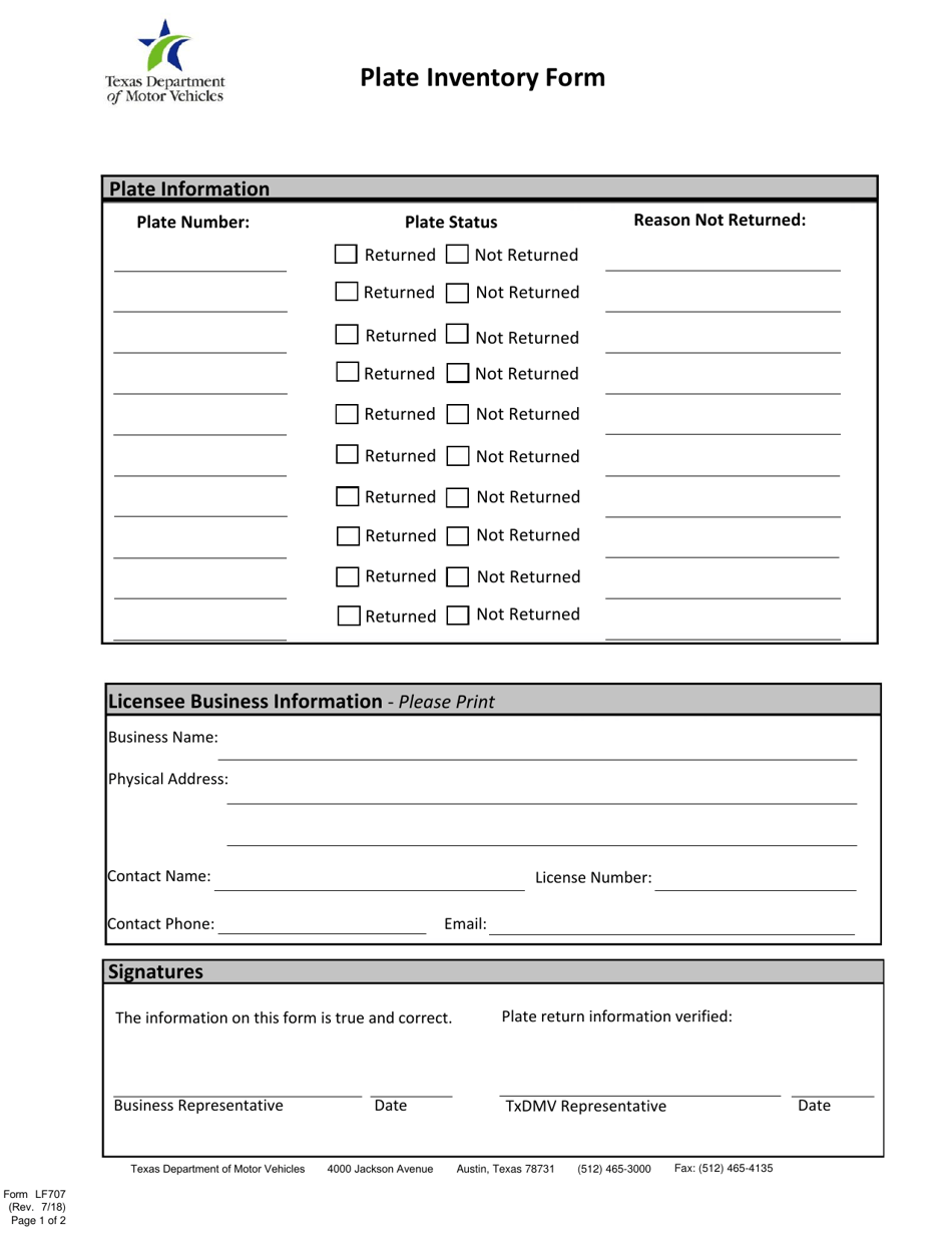 Form LF707 Plate Inventory Form - Texas, Page 1
