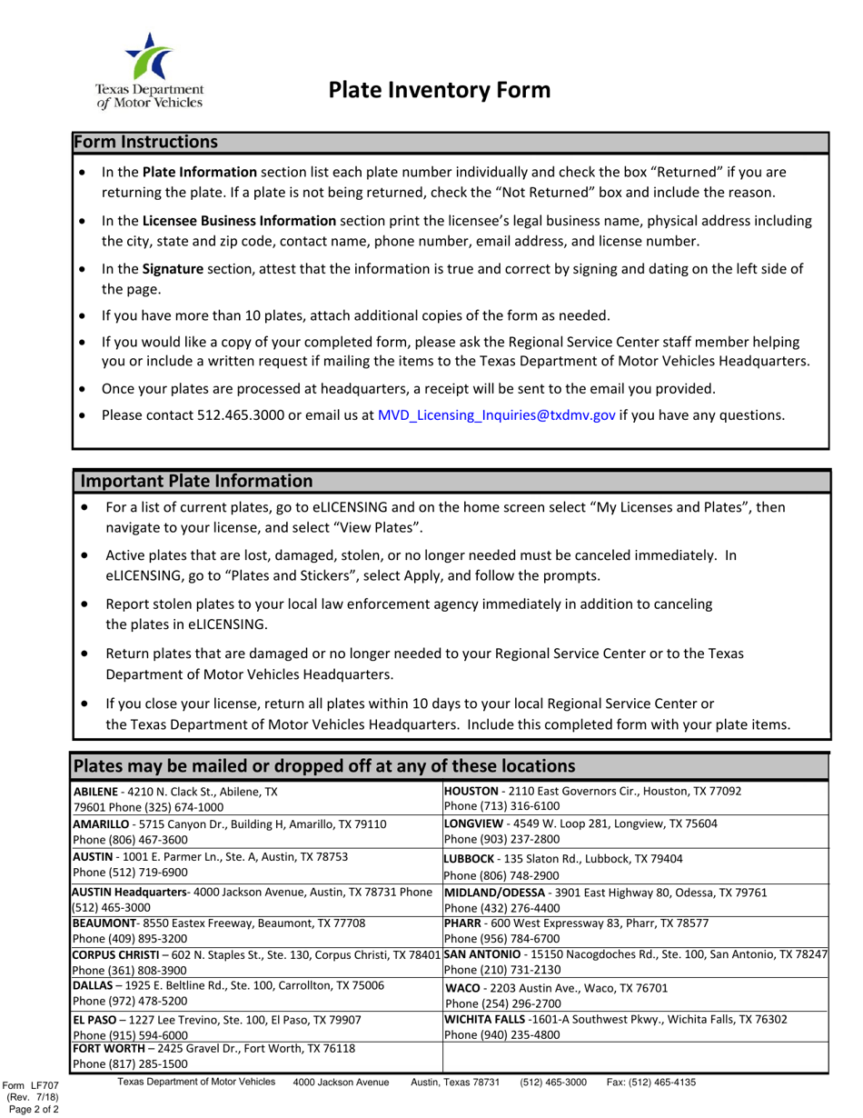 Form LF707 Plate Inventory Form - Texas, Page 2