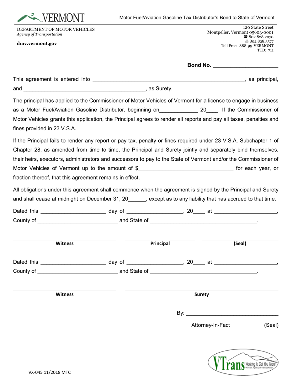 Form VX-045 Motor Fuel / Aviation Gasoline Tax Distributors Bond to State of Vermont - Vermont, Page 1