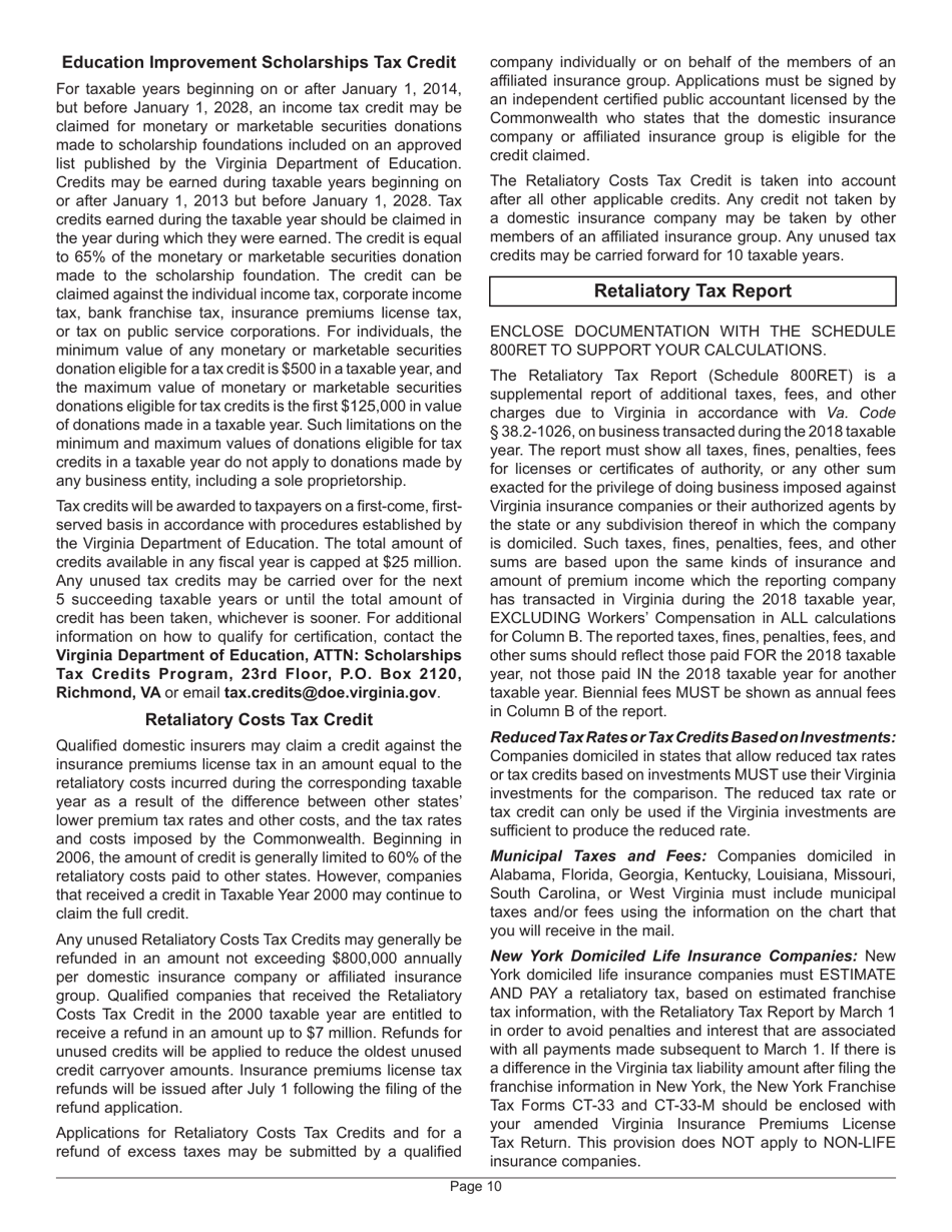 Instructions for Form 800 Insurance Premiums License Tax Return - Virginia, Page 12