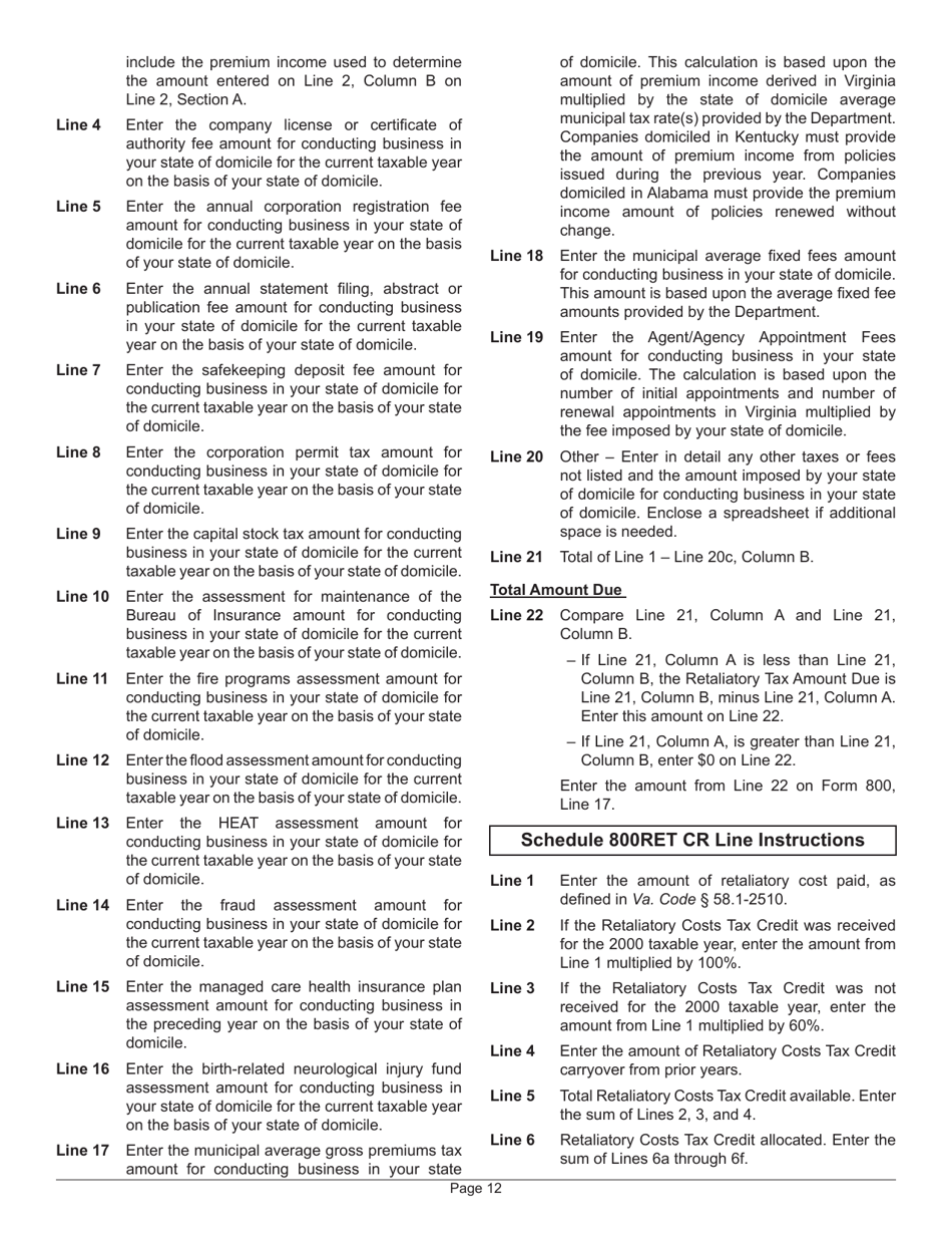 Instructions for Form 800 Insurance Premiums License Tax Return - Virginia, Page 14