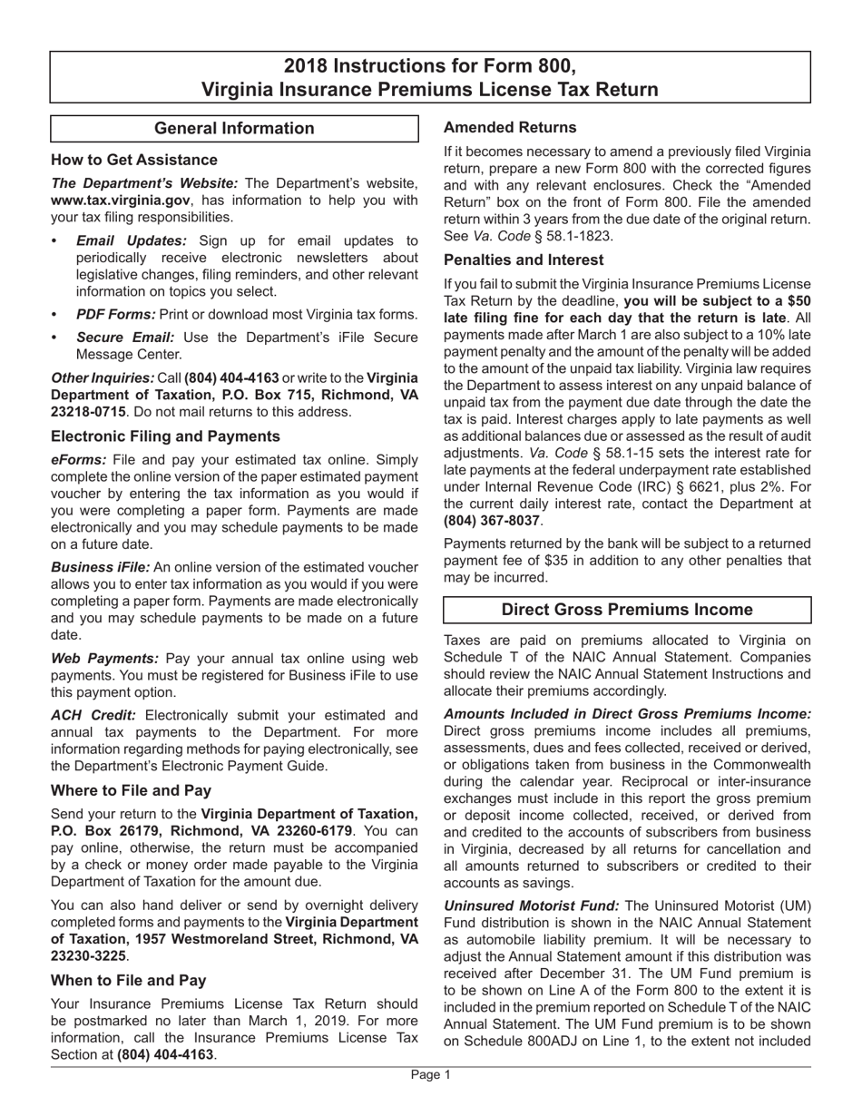 Instructions for Form 800 Insurance Premiums License Tax Return - Virginia, Page 3