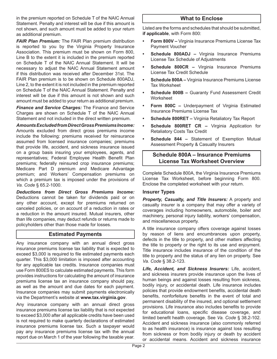 Instructions for Form 800 Insurance Premiums License Tax Return - Virginia, Page 4