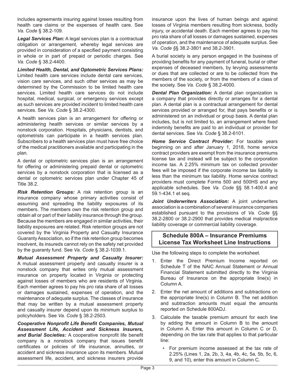 Instructions for Form 800 Insurance Premiums License Tax Return - Virginia, Page 5