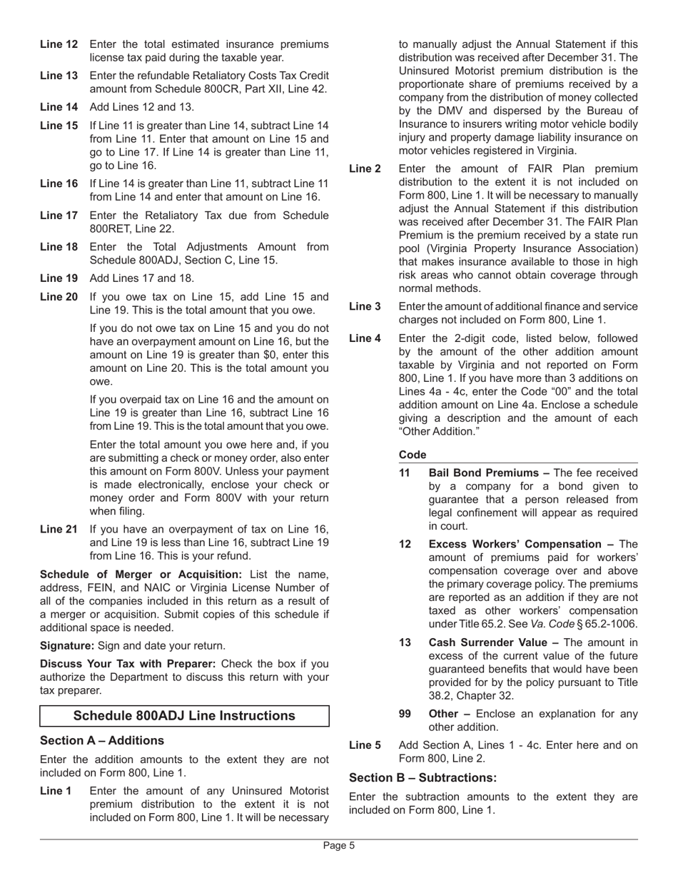 Instructions for Form 800 Insurance Premiums License Tax Return - Virginia, Page 7