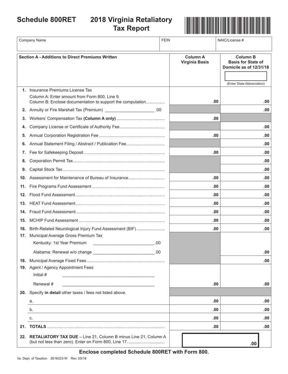 Form 800 Schedule 800RET Virginia Retaliatory Tax Report - Virginia, Page 1