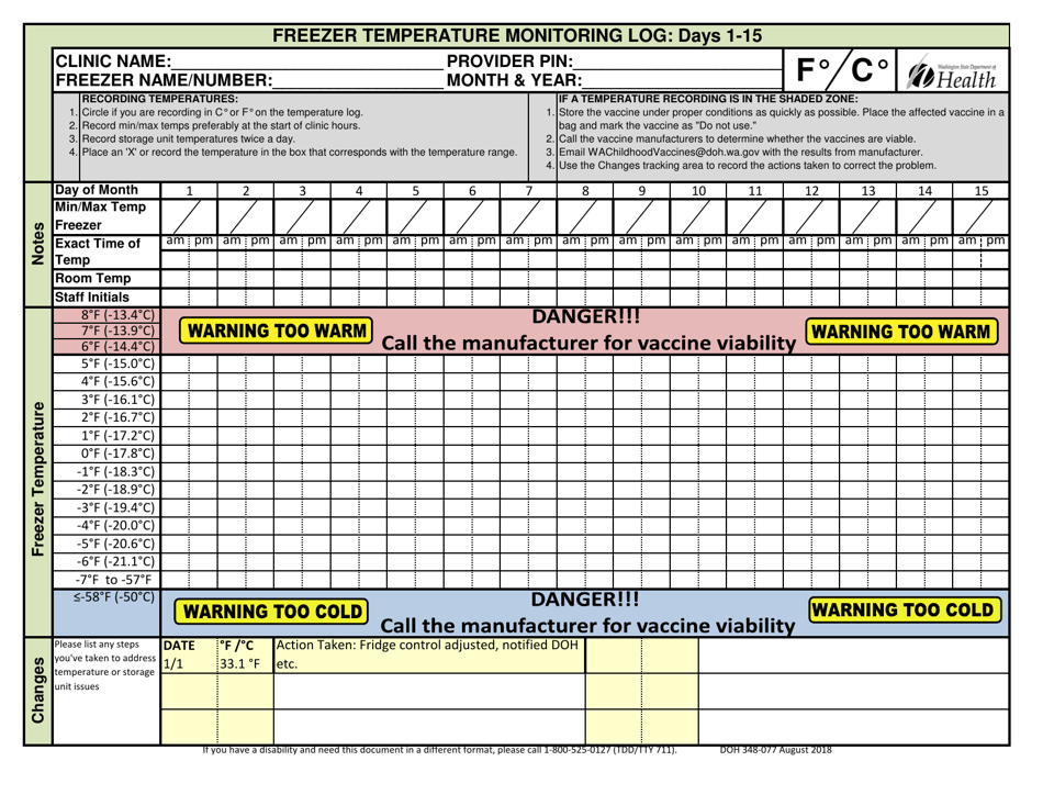 DOH Form 348-077 Refrigerator Temperature Monitoring Log - Washington, Page 3