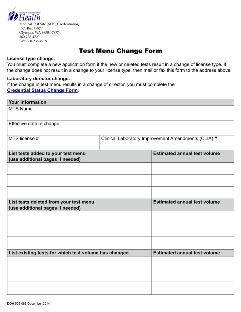 DOH Form 505-088 Test Menu Change Form - Washington, Page 1