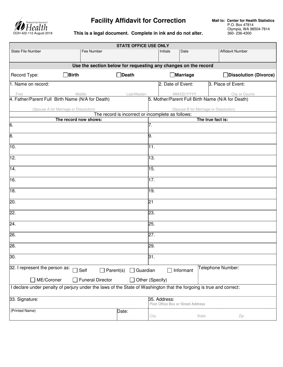 DOH Form 422-112 Facility Affidavit for Correction - Washington, Page 1