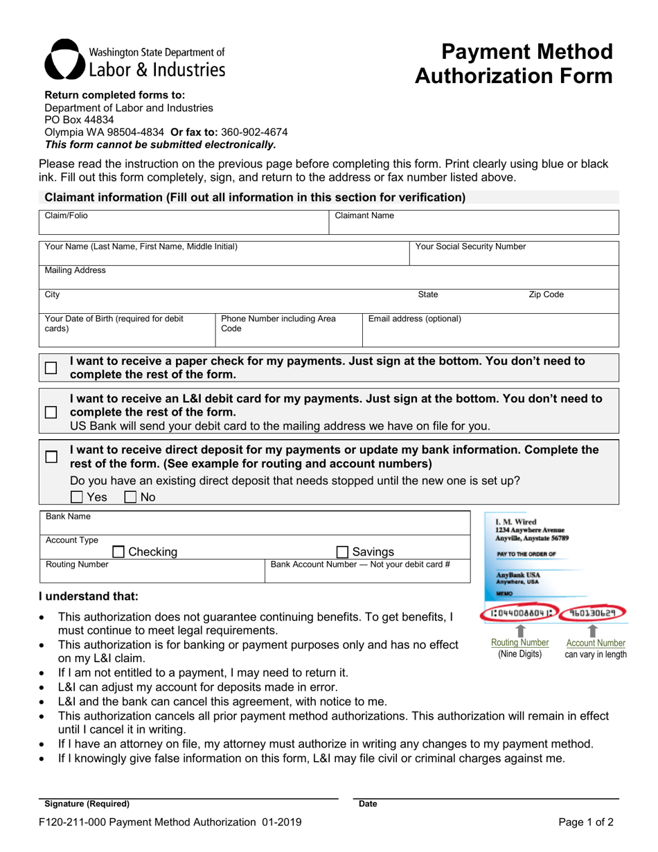 Form F120-211-000 Payment Method Authorization Form - Washington, Page 1