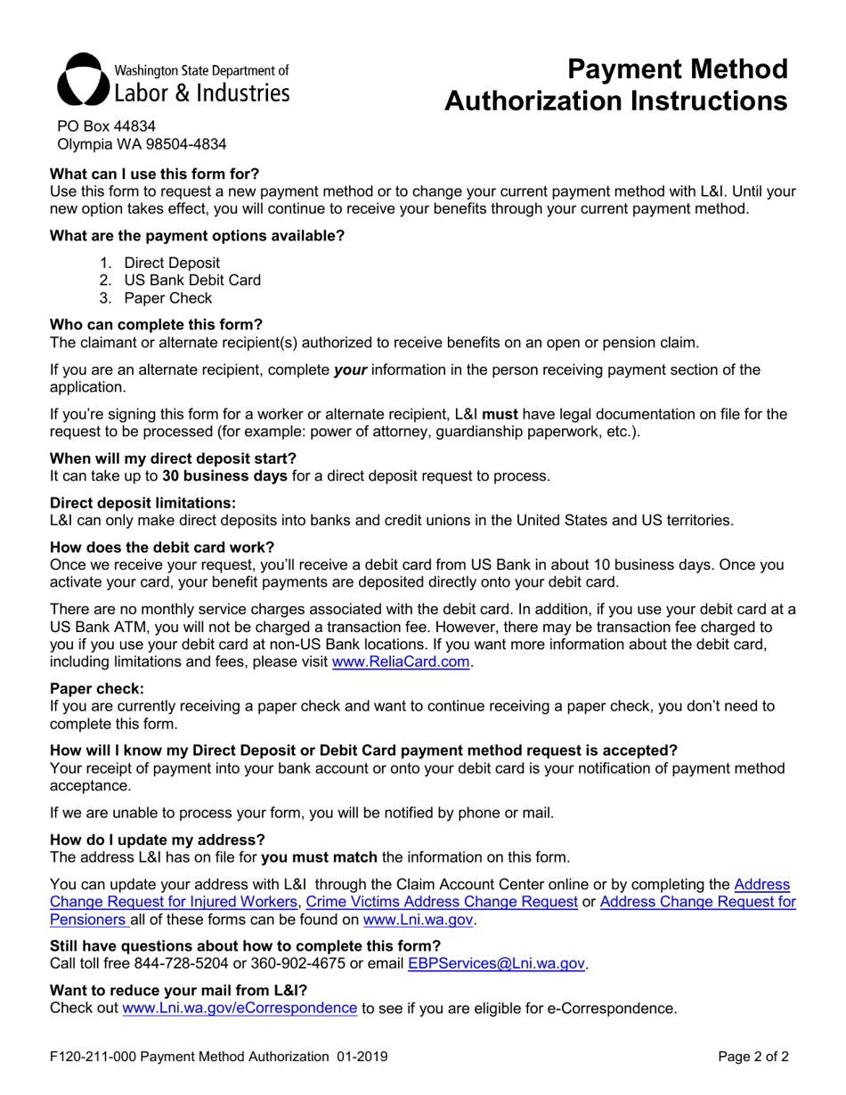 Form F120-211-000 Payment Method Authorization Form - Washington, Page 2