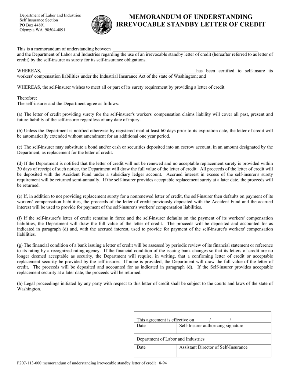 Form F207-113-000 Memorandum of Understanding Irrevocable Standby Letter of Credit - Washington, Page 1