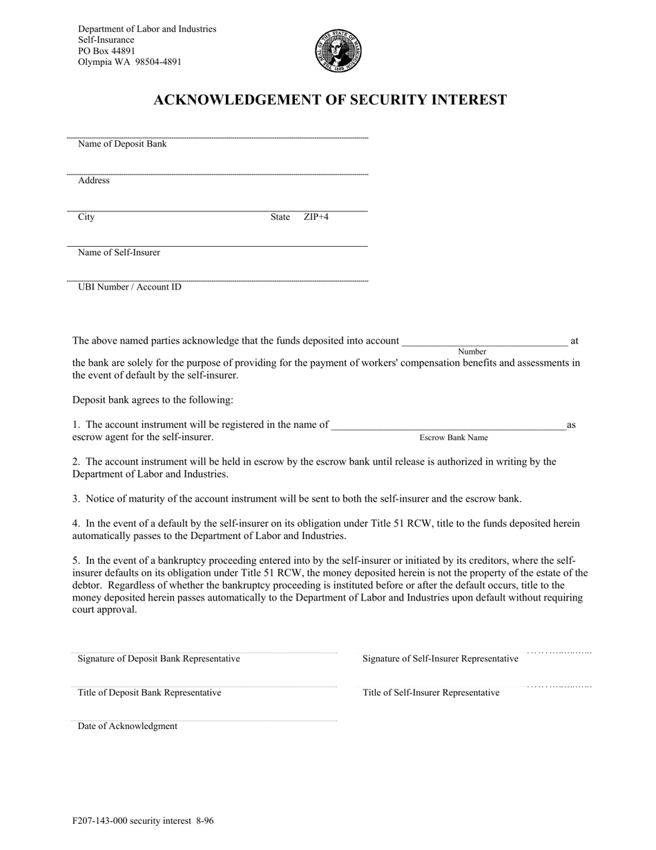 Form F207-143-000 Acknowledgement of Security Interest - Washington, Page 1