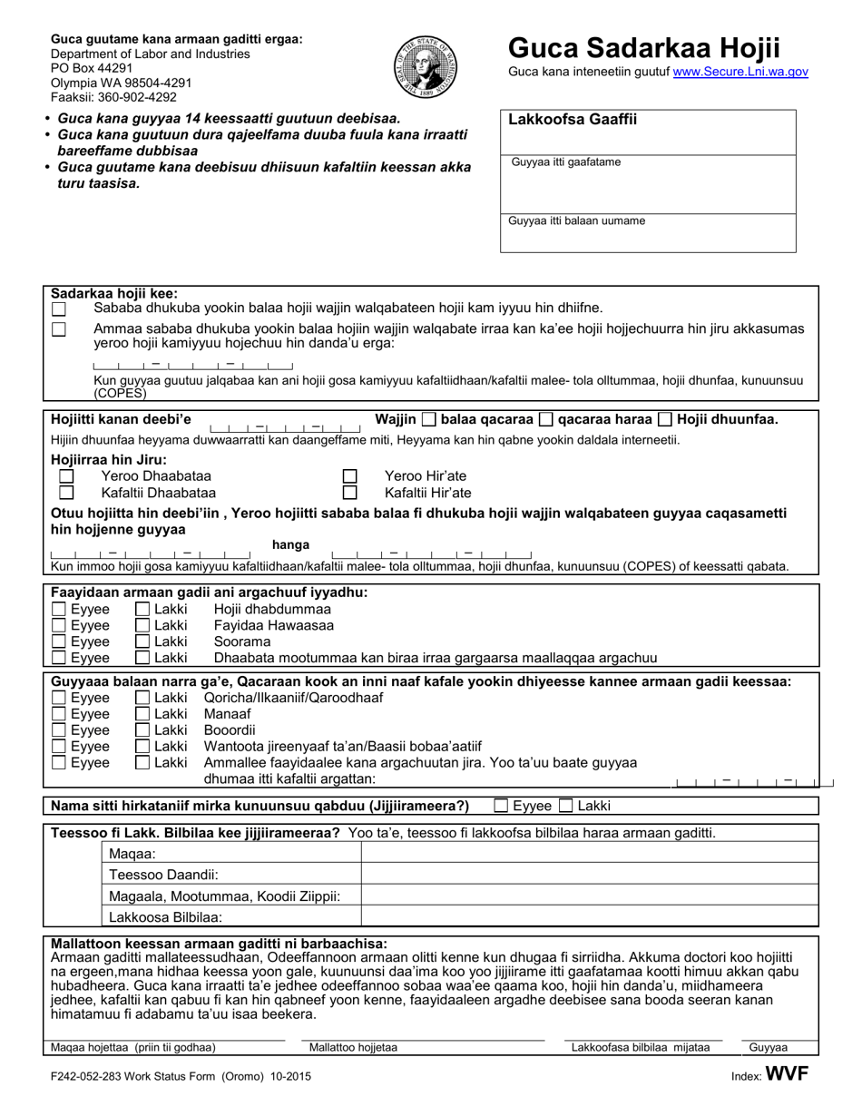 Form F242-052-283 Work Status Form - Washington (Oromo), Page 1