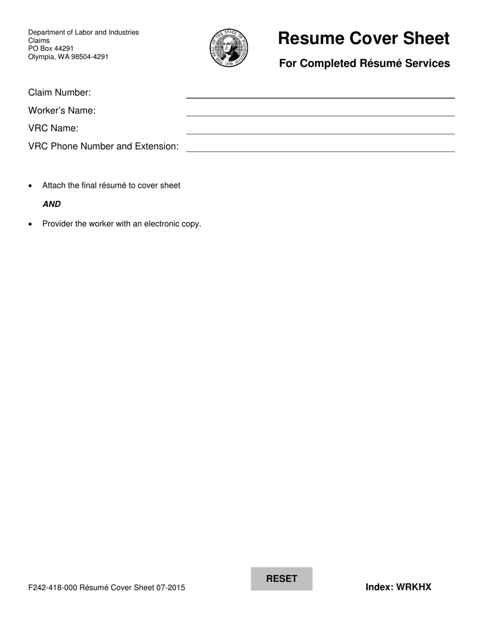 Form F242-418-000 Resume Cover Sheet for Completed Resume Services - Washington, Page 1