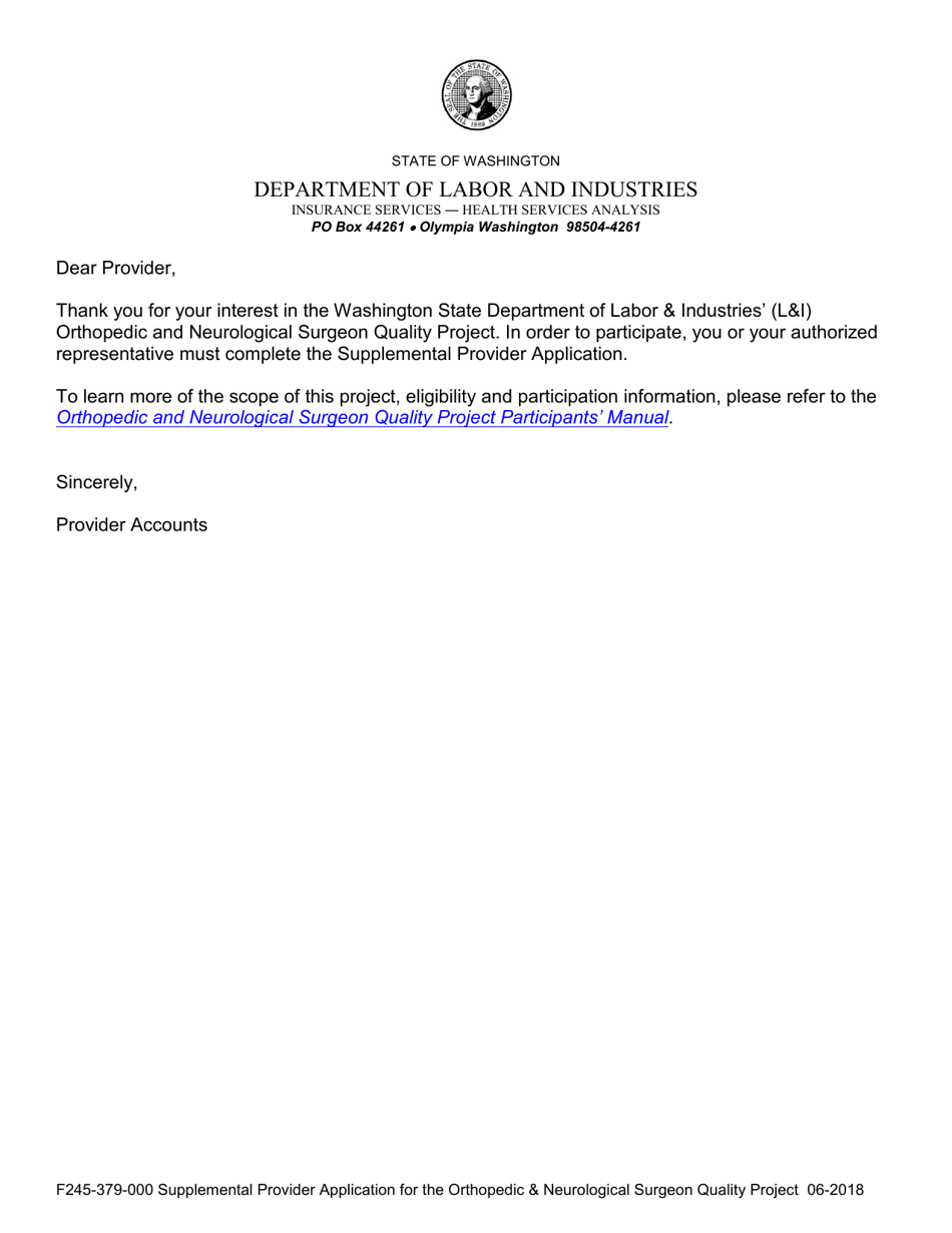 Form F245-379-000 Supplemental Provider Application for the Orthopedic  Neurological Surgeon Quality Project - Washington, Page 1