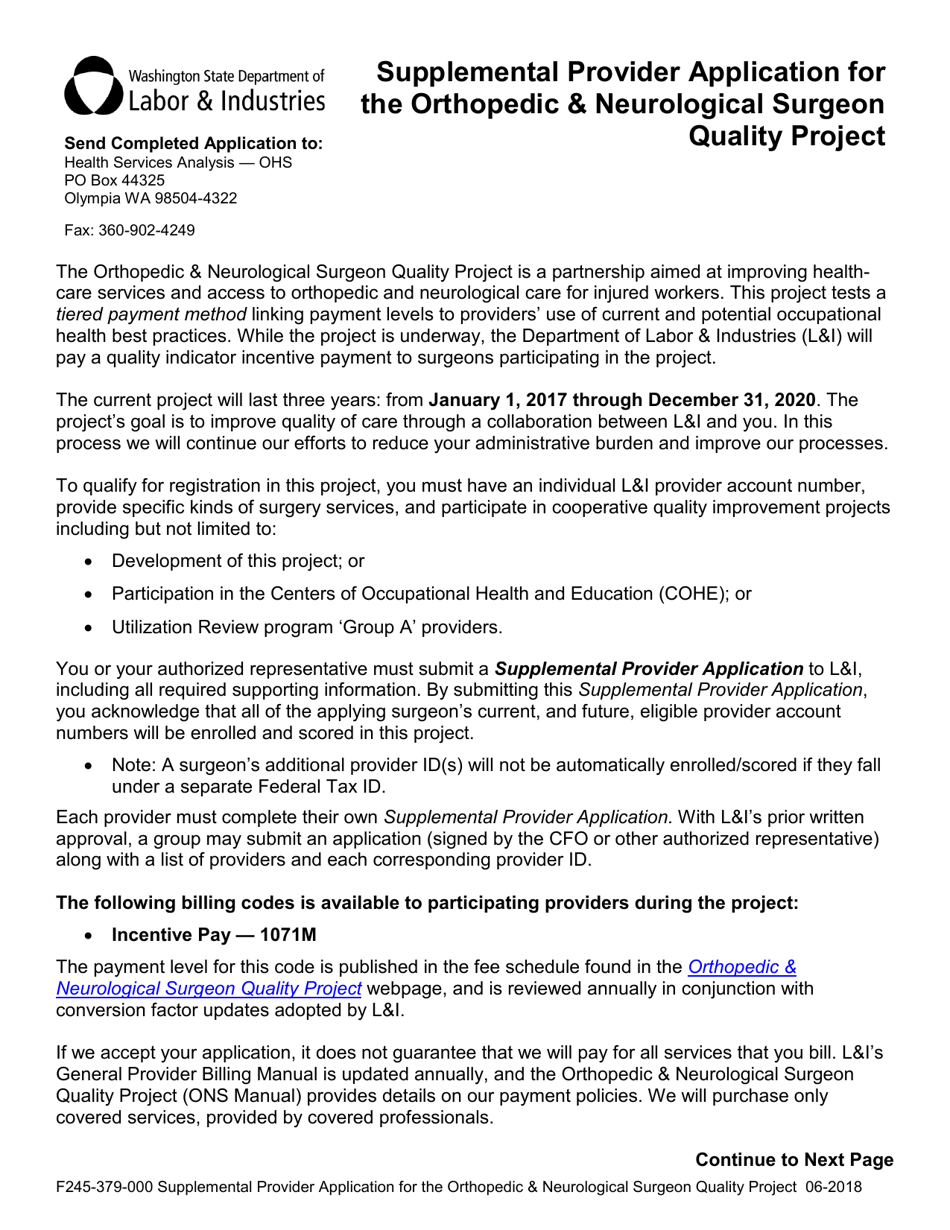 Form F245-379-000 Supplemental Provider Application for the Orthopedic  Neurological Surgeon Quality Project - Washington, Page 2