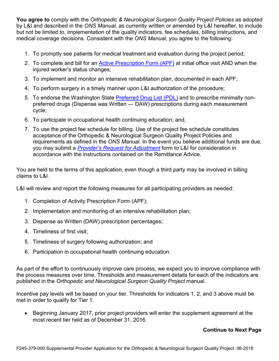 Form F245-379-000 Supplemental Provider Application for the Orthopedic  Neurological Surgeon Quality Project - Washington, Page 3