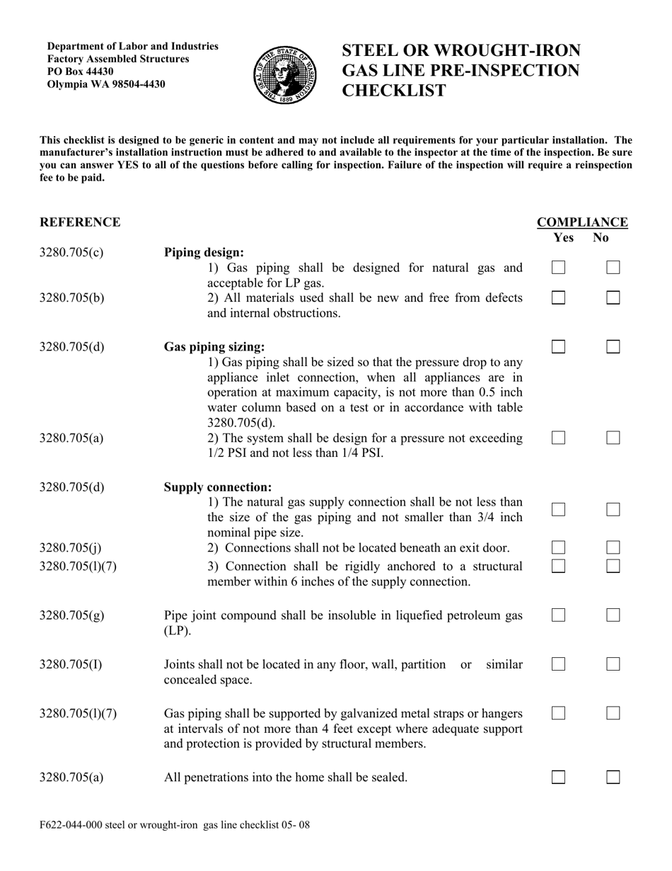 Form F622-044-000 Steel or Wrought-Iron Gas Line Pre-inspection Checklist - Washington, Page 1