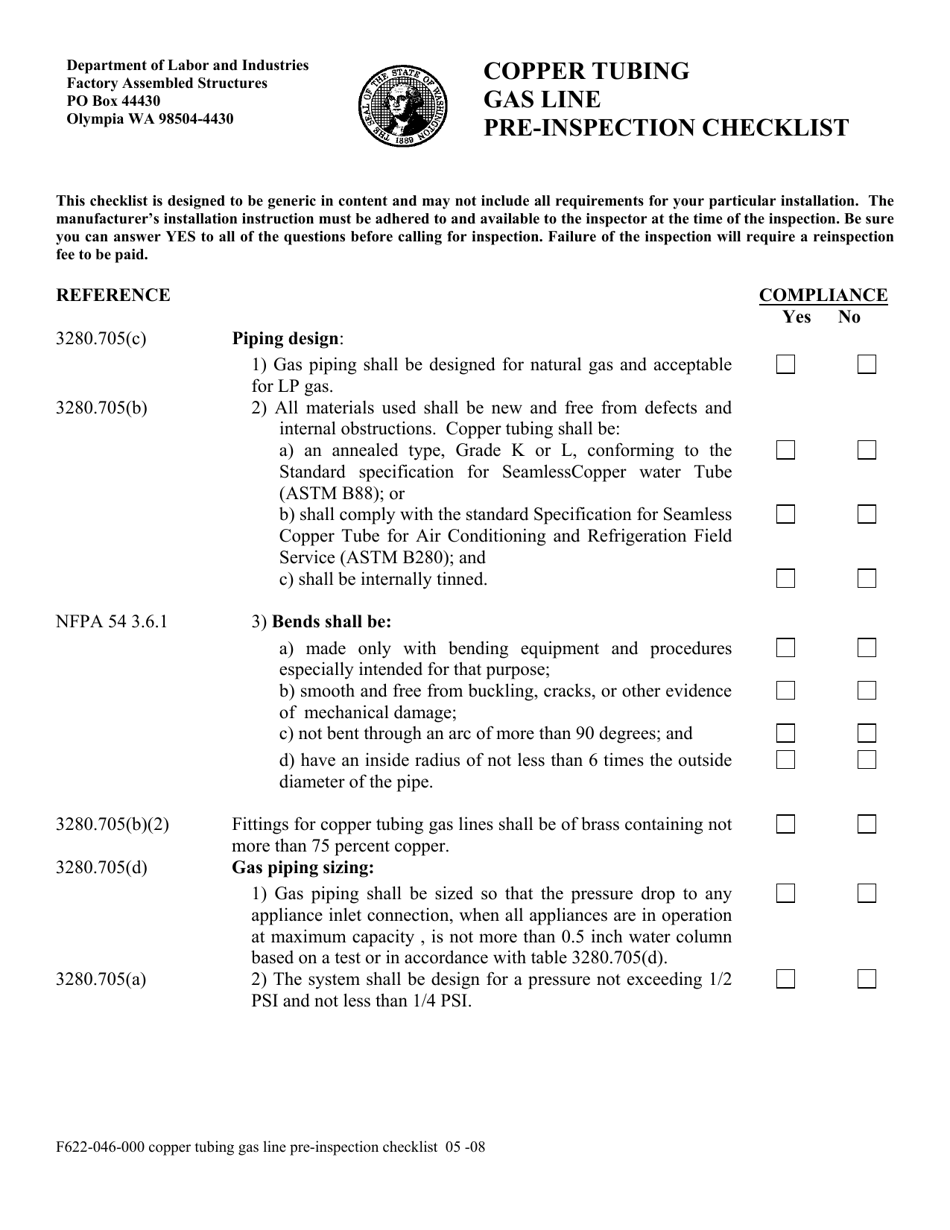 Form F622-046-000 Copper Tubing Gas Line Pre-inspection Checklist - Washington, Page 1