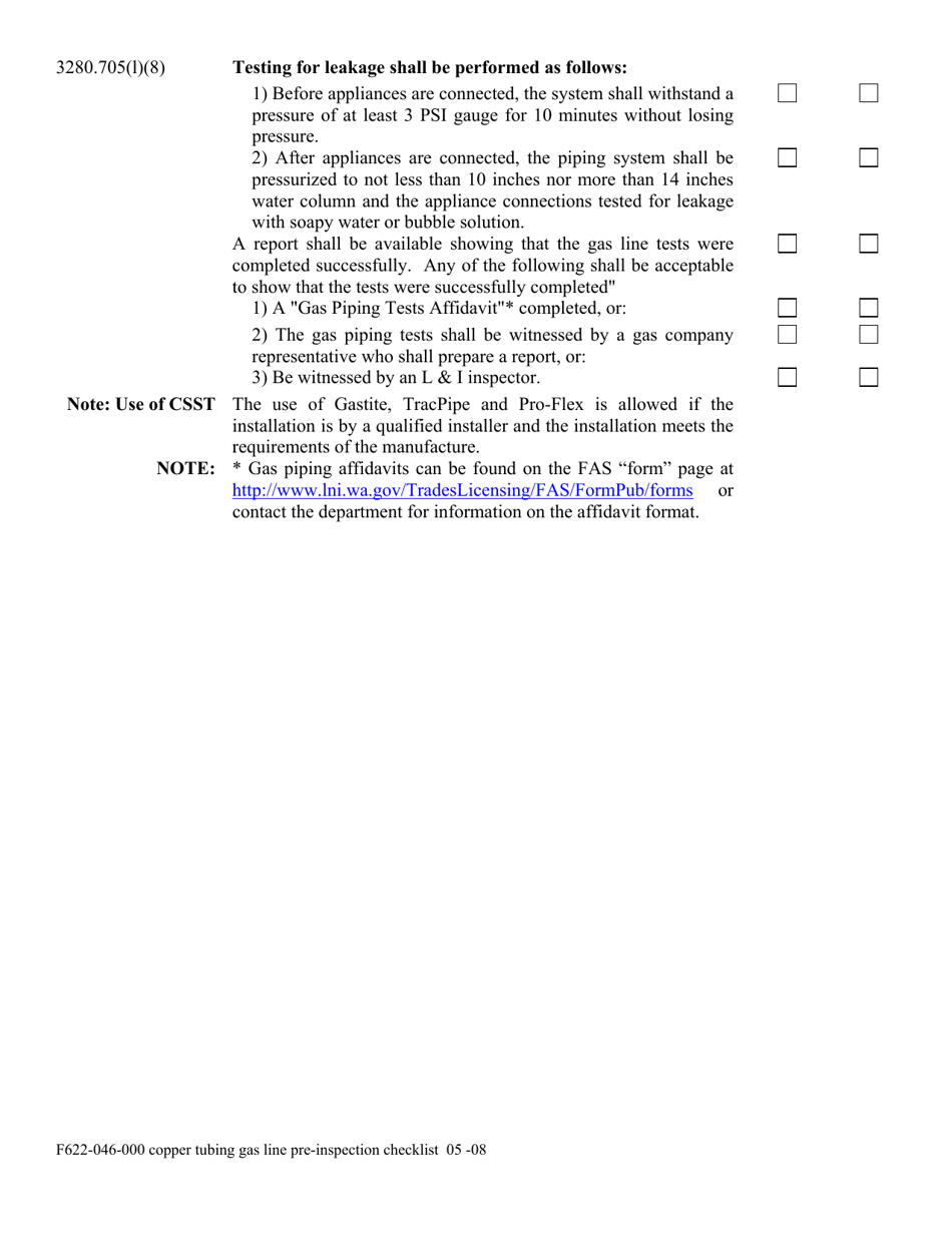 Form F622-046-000 Copper Tubing Gas Line Pre-inspection Checklist - Washington, Page 3