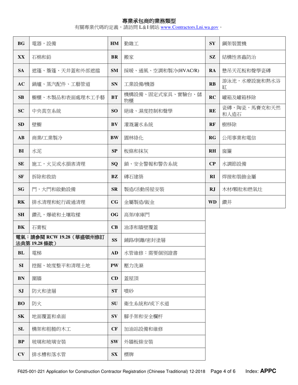 Form F625-001-221 Application for Construction Contractor Registration - Washington (Chinese Simplified), Page 4
